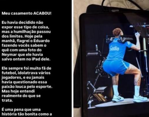 Influenciadora relata fim de casamento após flagrar marido no banheiro com foto de Neymar