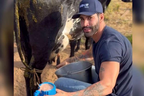 Gusttavo Lima ordenha vaca e faz achocolatado fresquinho para o filho