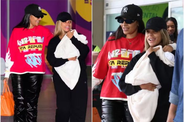 Zuri no pedaço! Ludmilla e Brunna desembarcam no Brasil com a herdeira nos braços.