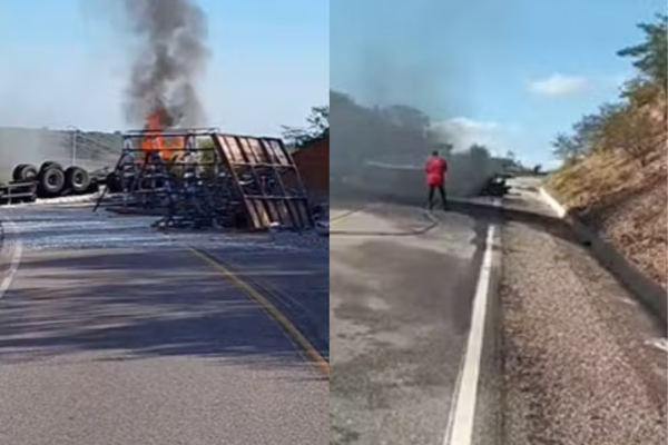 Motorista morre após caminhão carregado de vidro tombar e pegar fogo na BR-020