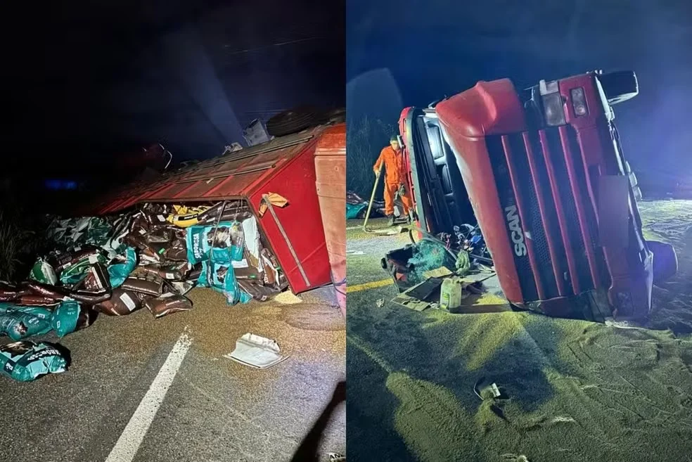 Caminhão tomba na BR-343 após derrapar em óleo e carga fica espalhada